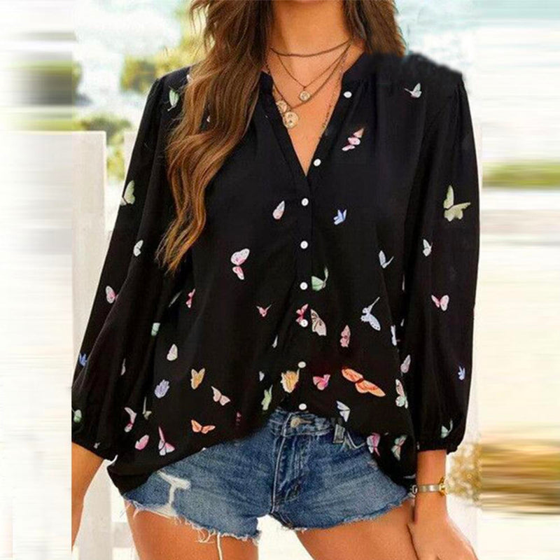 Butterfly Print Long Sleeve Lapel Shirt