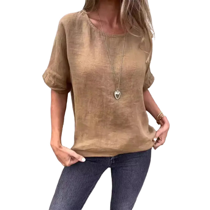 Women's Solid Color Round Neck Cotton Linen shirt