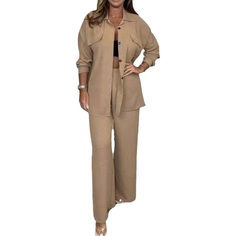 Women's Solid Color Shirt and Trousers Suit