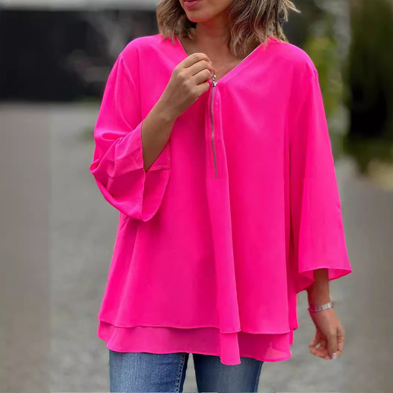 Chiffon Zipper V-neck Top