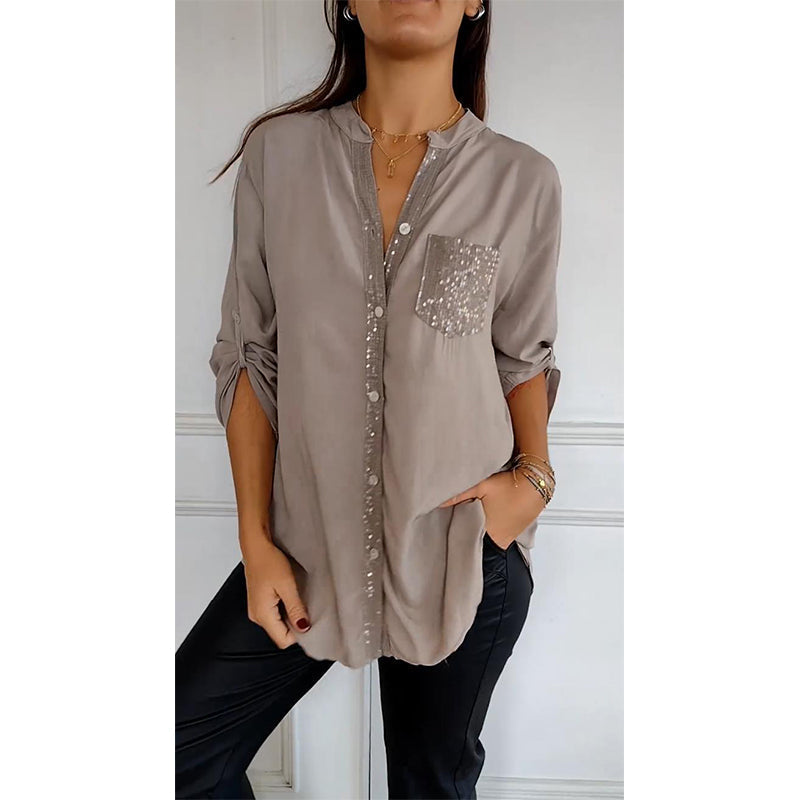 Paneled sequin button casual top