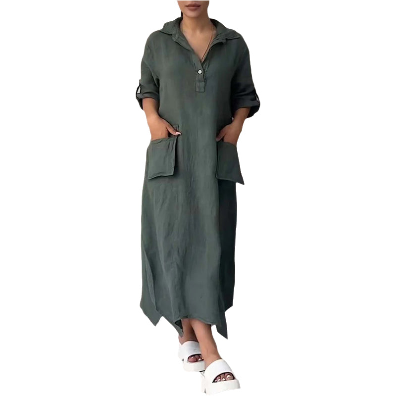 Women's Cotton Linen Casual Lapel Pockets Long Dress