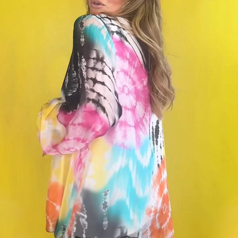 Casual V-neck Tie-dye Top