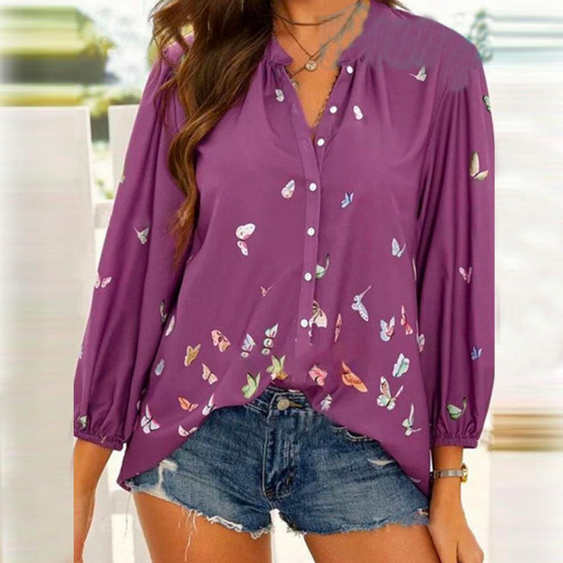 Butterfly Print Long Sleeve Lapel Shirt