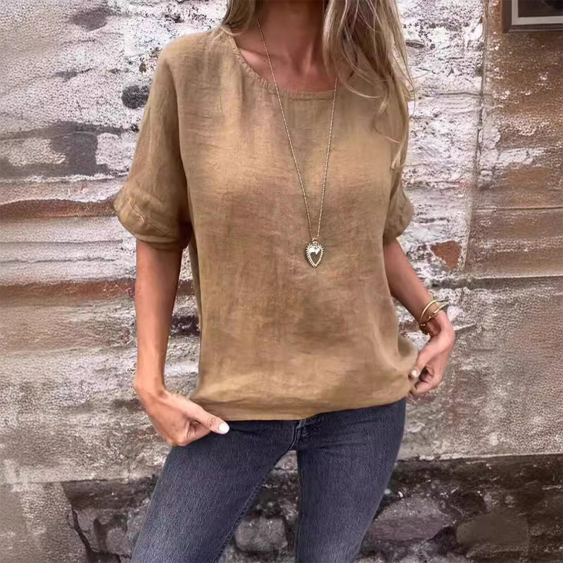 Women's Solid Color Round Neck Cotton Linen shirt