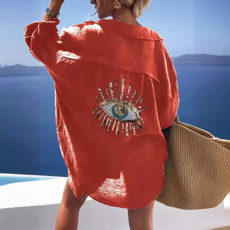 Women's Long Sleeve Oversized Shirt with Evil Eye Pattern