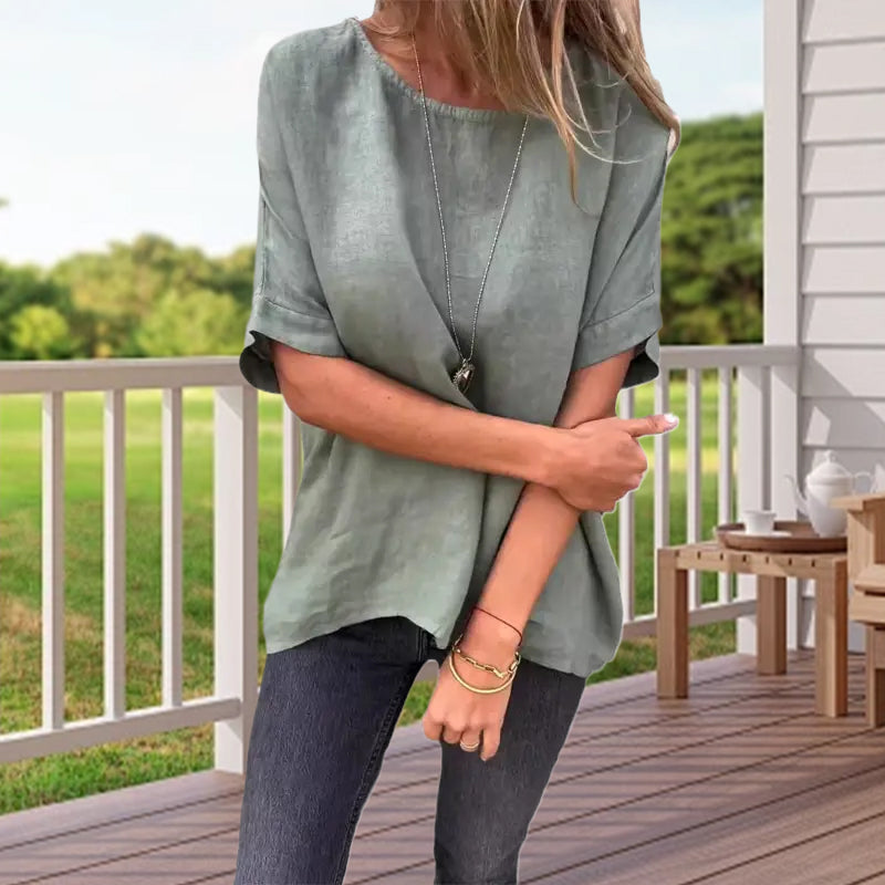 Women's Solid Color Round Neck Cotton Linen shirt