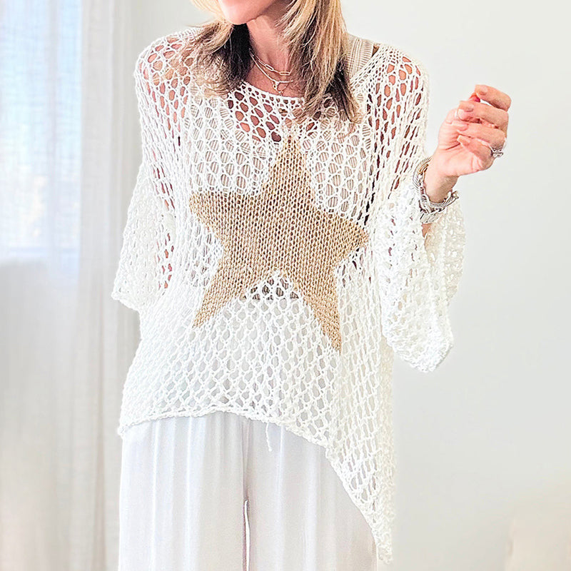 Five-Star Round Neck Hollow Crochet Tops