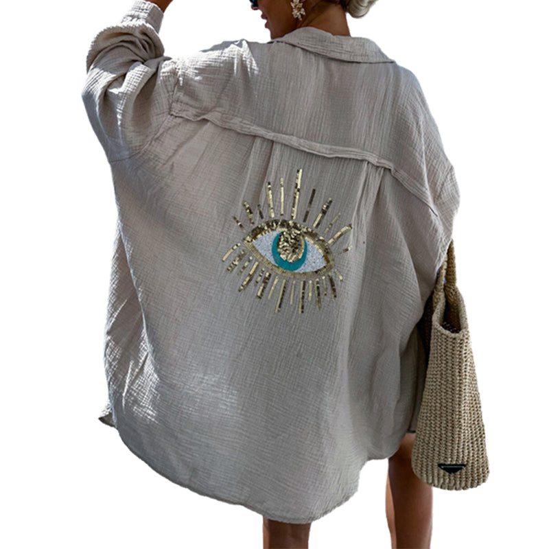 Women's Long Sleeve Oversized Shirt with Evil Eye Pattern