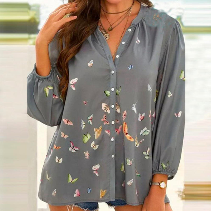 Butterfly Print Long Sleeve Lapel Shirt