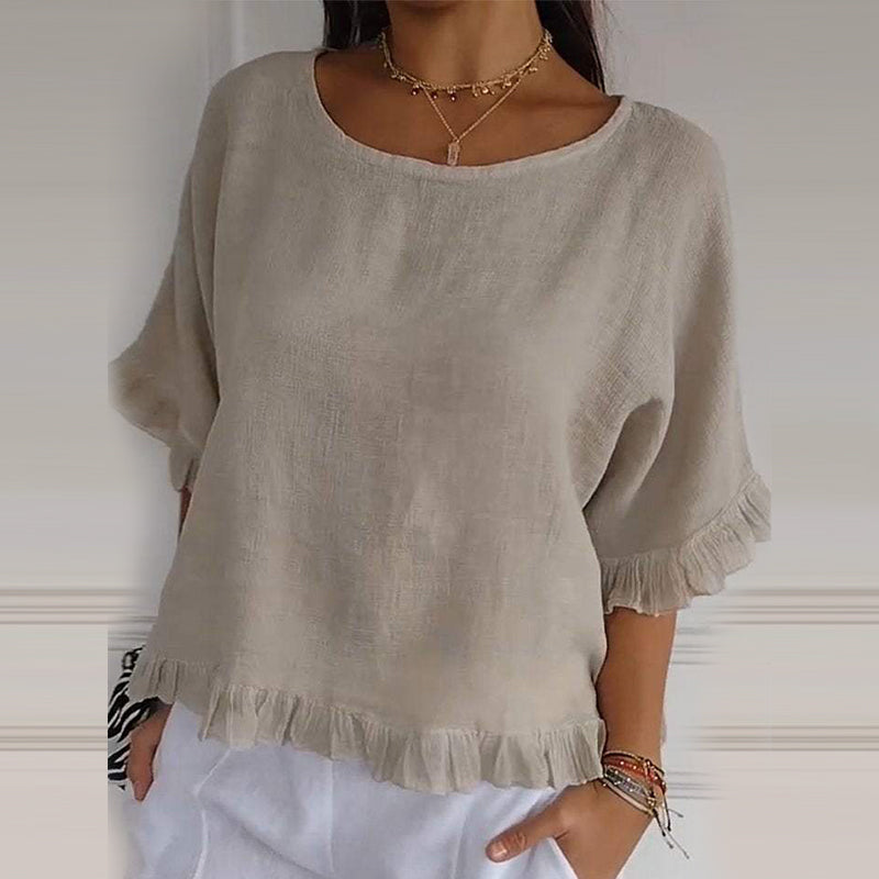 Round Neck Ruffled Hem Mid-sleeve Cotton and Linen Top