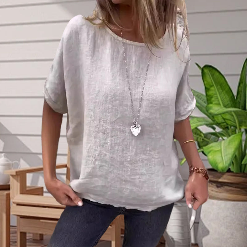 Women's Solid Color Round Neck Cotton Linen shirt