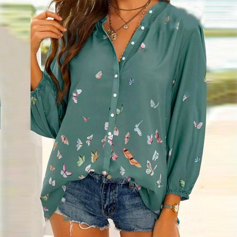 Butterfly Print Long Sleeve Lapel Shirt