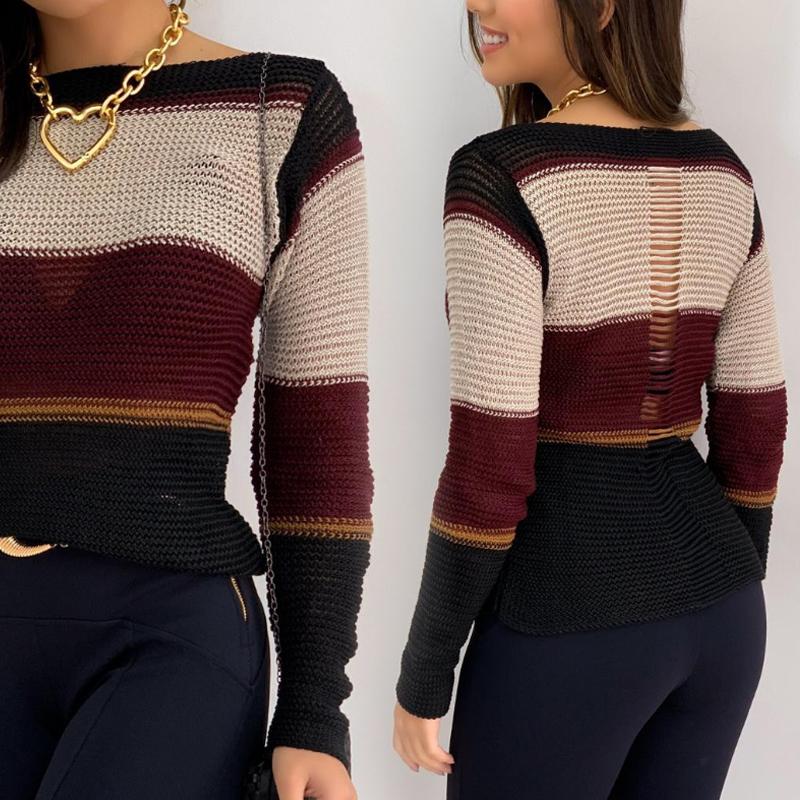 Colorblock Long Sleeve Ladder Cutout Knit Top