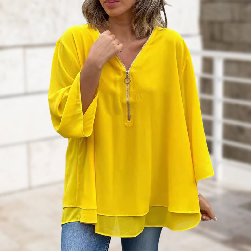 Chiffon Zipper V-neck Top