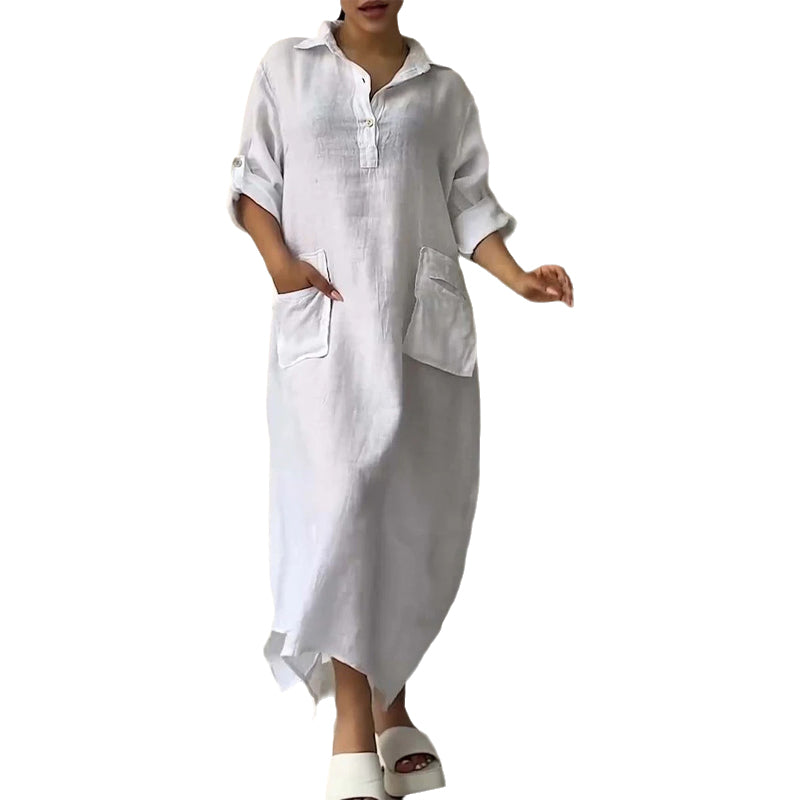 Women's Cotton Linen Casual Lapel Pockets Long Dress