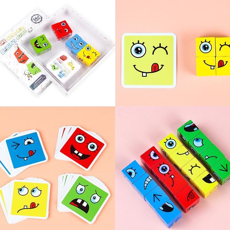 Kids Wooden Face-Changing Magic Cube Building Blocks Toy Set