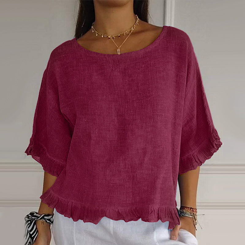 Round Neck Ruffled Hem Mid-sleeve Cotton and Linen Top