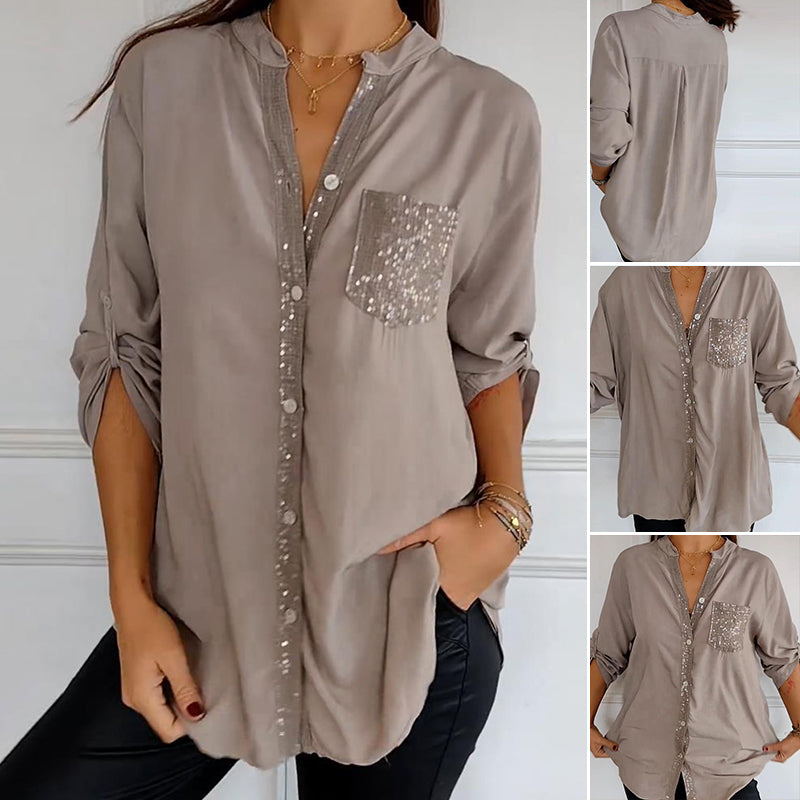 Paneled sequin button casual top