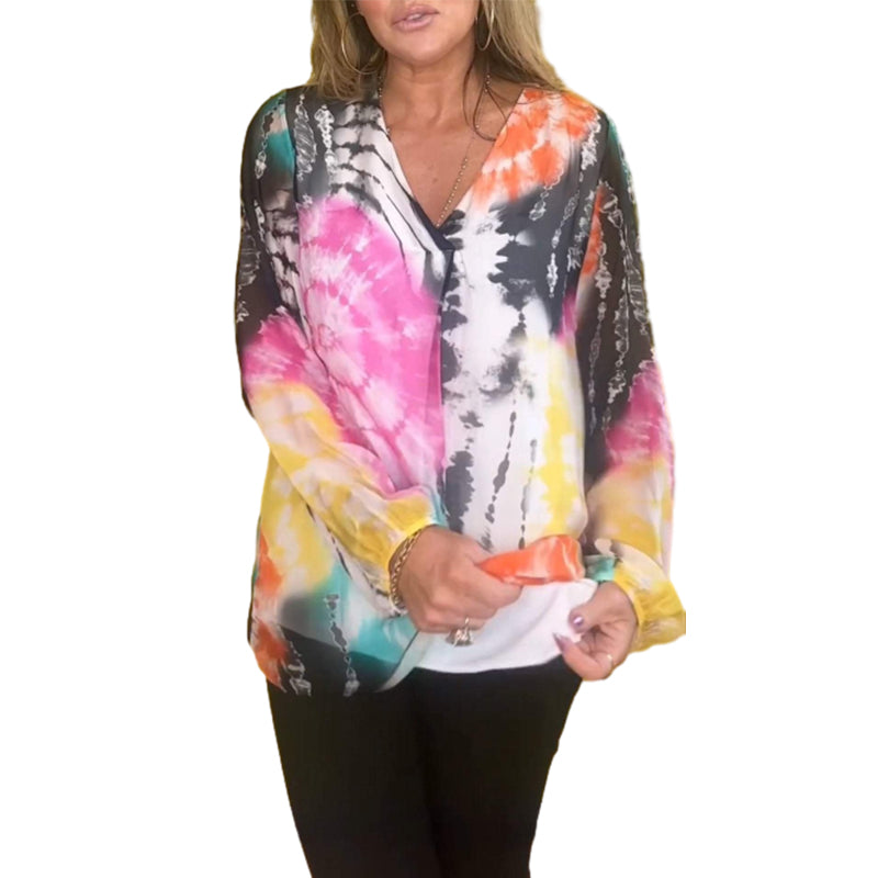 Casual V-neck Tie-dye Top