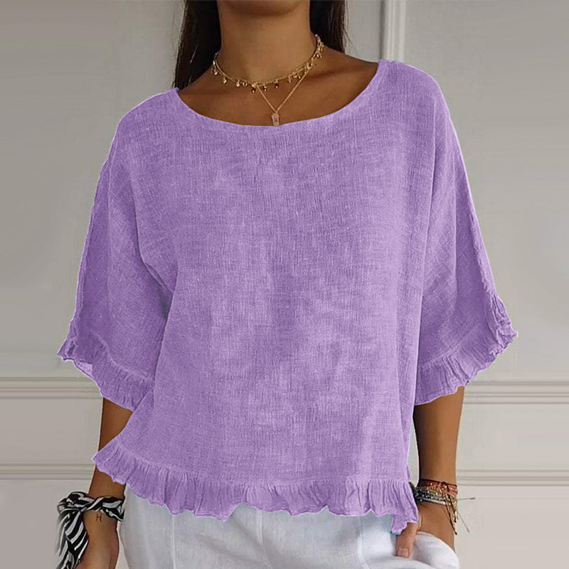 Round Neck Ruffled Hem Mid-sleeve Cotton and Linen Top