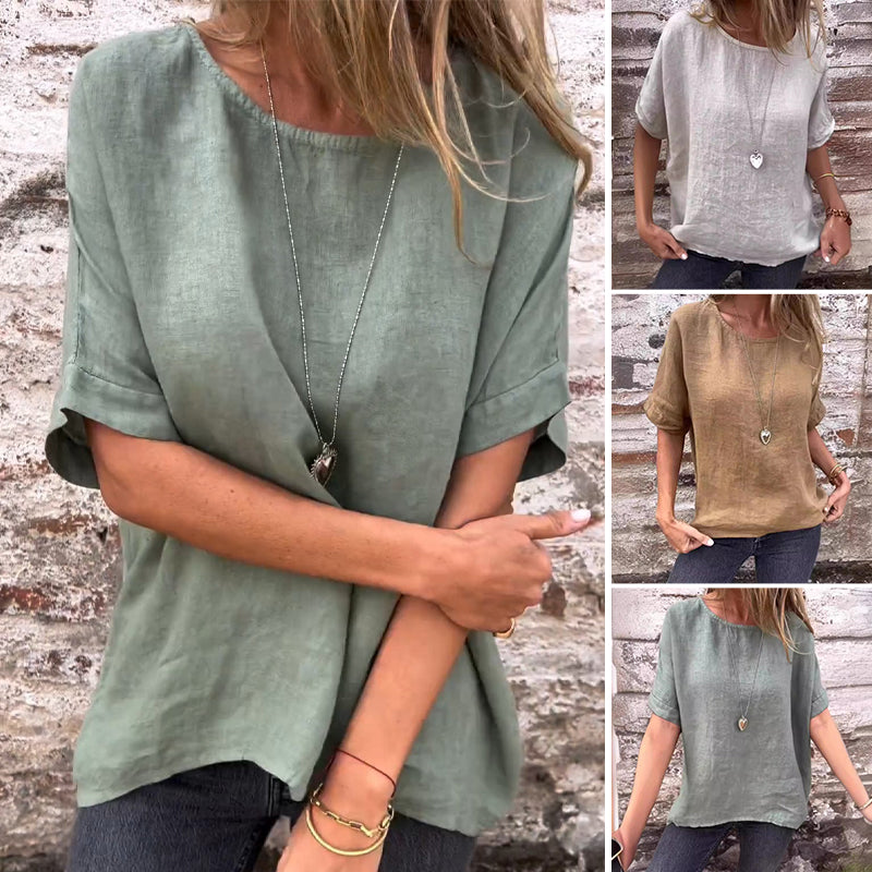 Women's Solid Color Round Neck Cotton Linen shirt