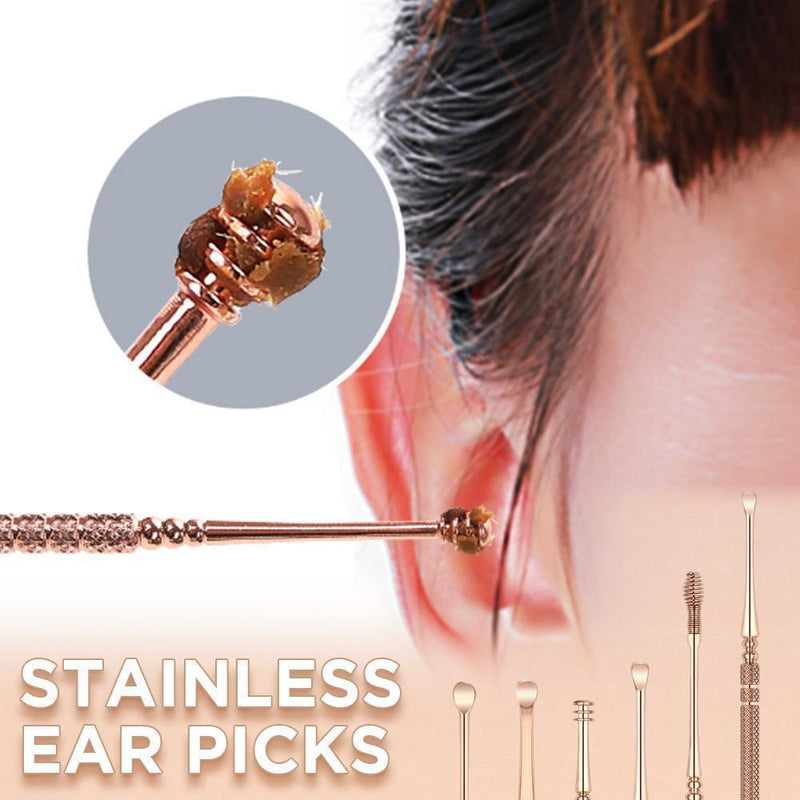 （6pcs set）Stainless Steel Ear Pick Ear Wax Remover Cleaner Tool Rose Gold