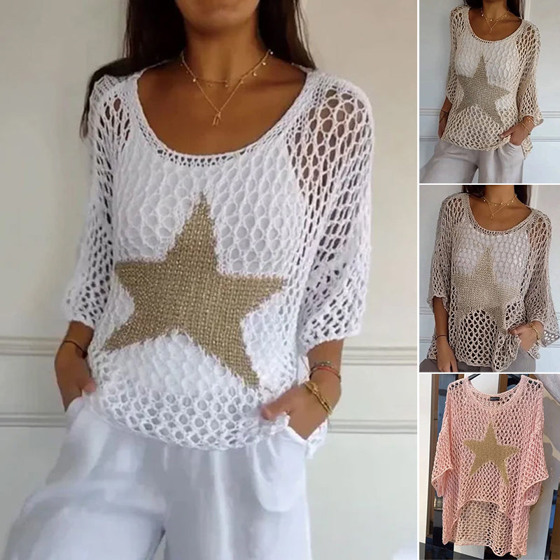 Five-Star Round Neck Hollow Crochet Tops