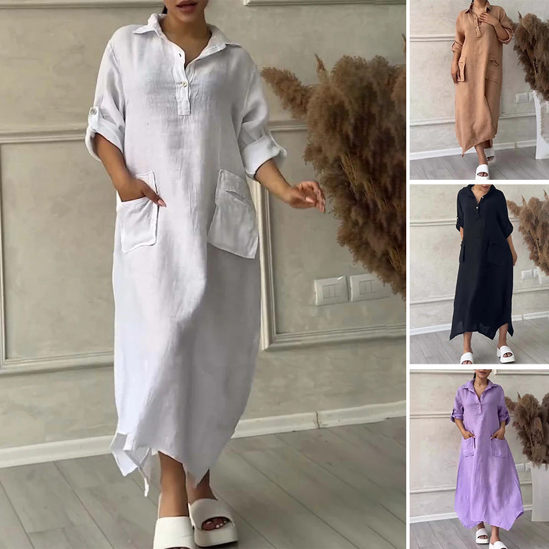 Women's Cotton Linen Casual Lapel Pockets Long Dress