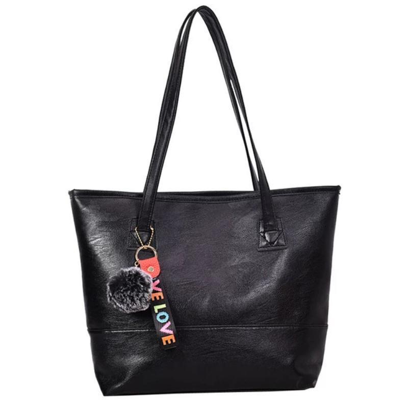 Women Leather Hairball Zipper Tote Solid Color Shoulder Bag