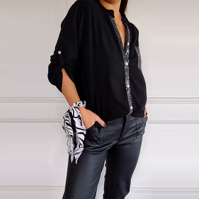 Paneled sequin button casual top