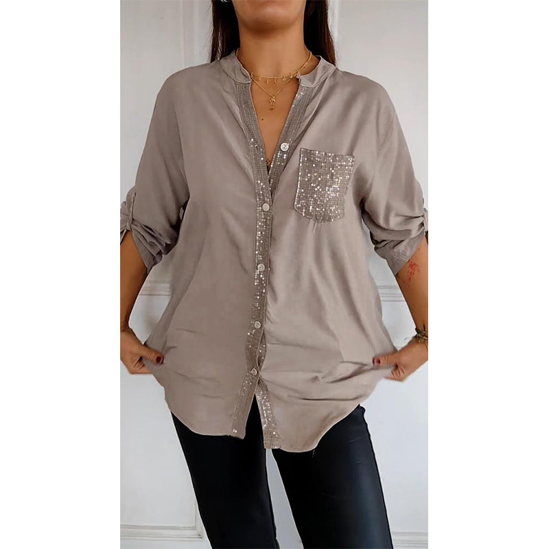 Paneled sequin button casual top