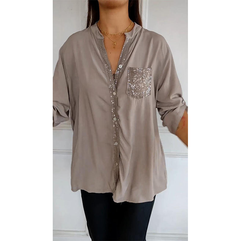 Paneled sequin button casual top