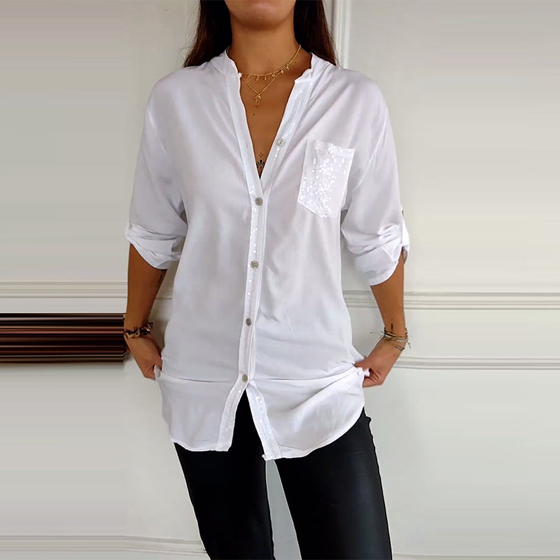 Paneled sequin button casual top