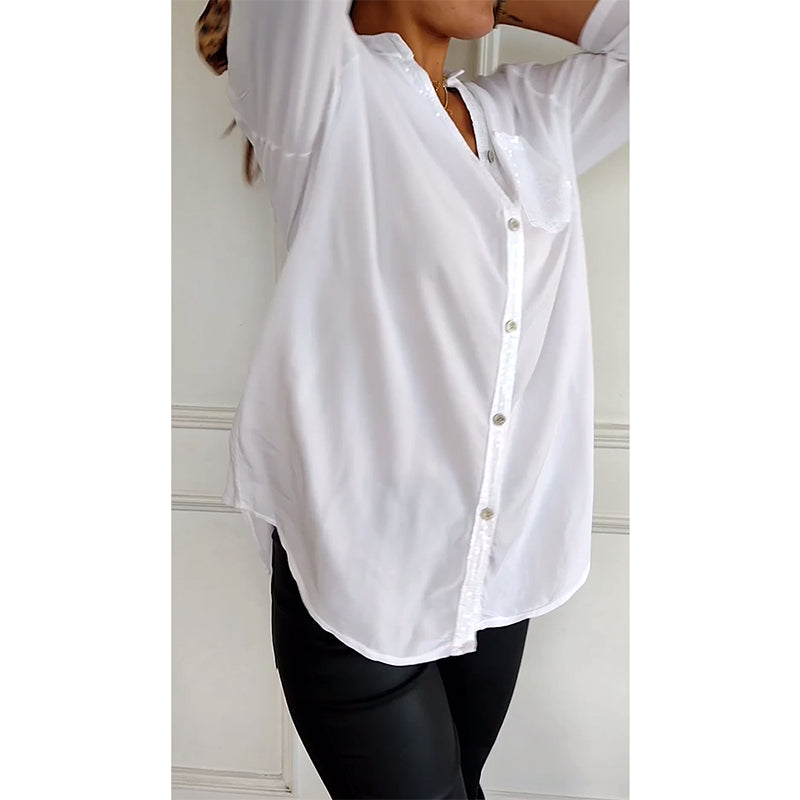 Paneled sequin button casual top