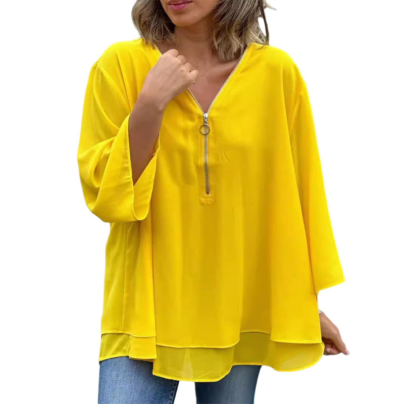 Chiffon Zipper V-neck Top