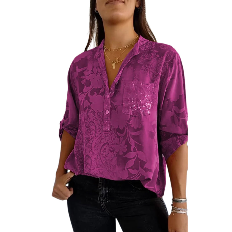 V-neck Half-button Printed Top