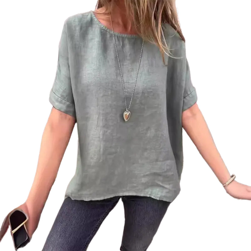 Women's Solid Color Round Neck Cotton Linen shirt