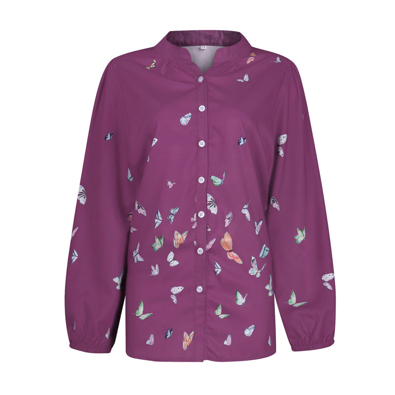 Butterfly Print Long Sleeve Lapel Shirt