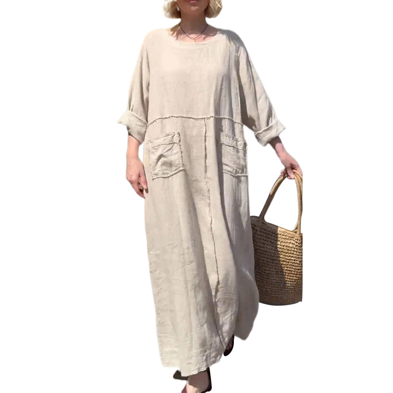 Round Neck Cotton and Linen Long Sleeve Casual Dress