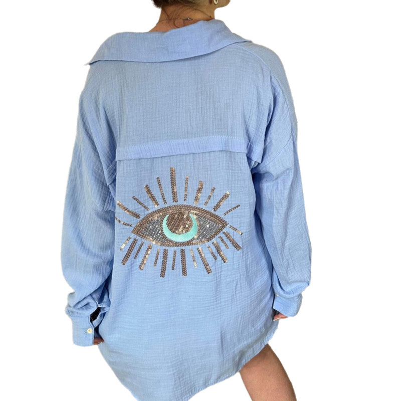 Women's Long Sleeve Oversized Shirt with Evil Eye Pattern