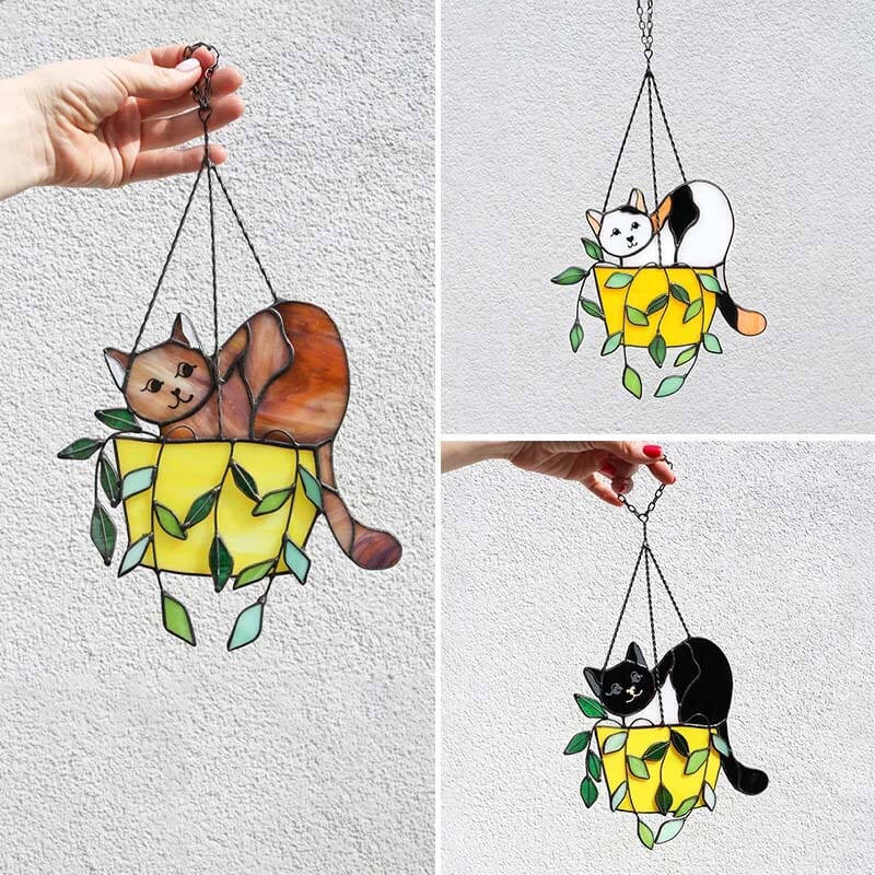 Cat in a flowerpot Suncatcher Stained Glass Window Hangins