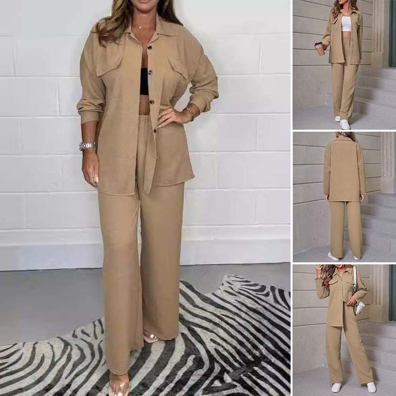 Women's Solid Color Shirt and Trousers Suit