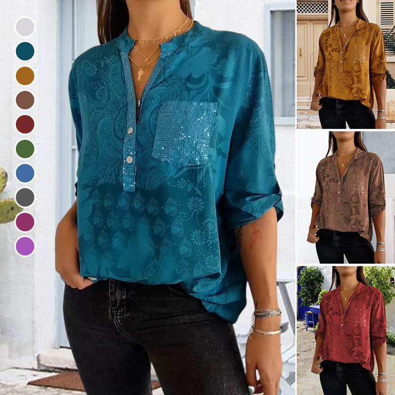 V-neck Half-button Printed Top