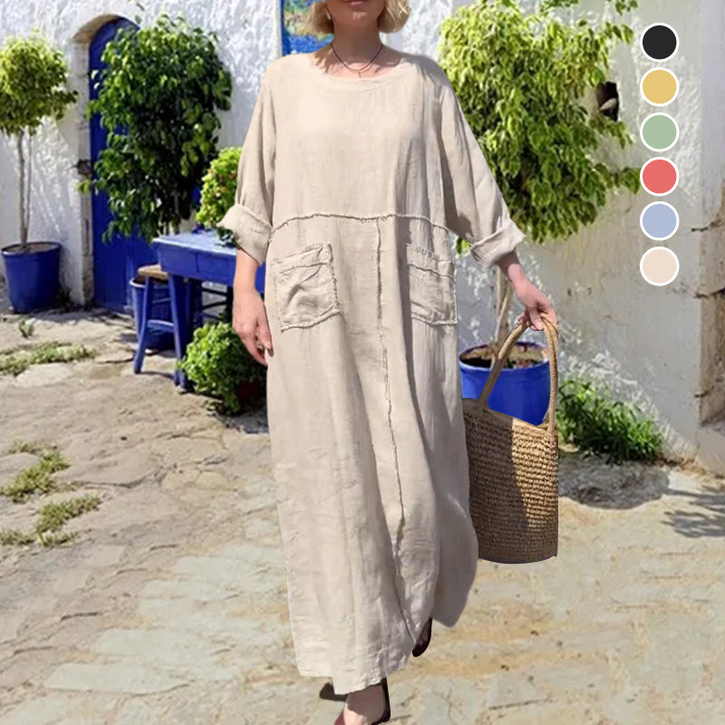 Round Neck Cotton and Linen Long Sleeve Casual Dress