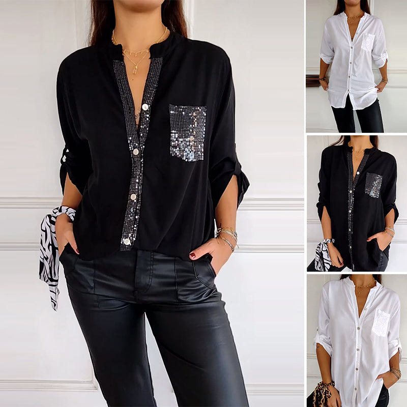 Paneled sequin button casual top