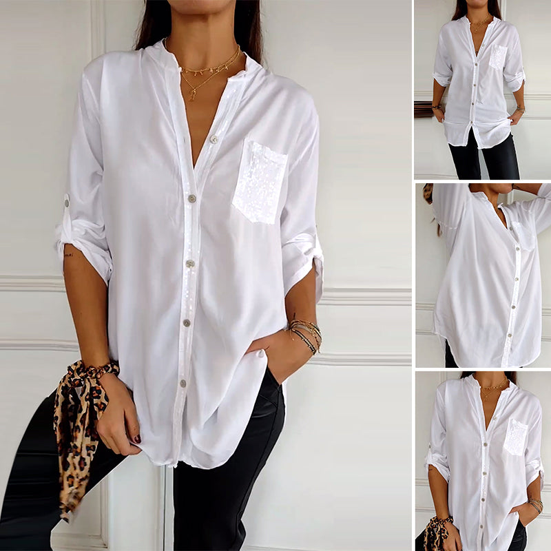 Paneled sequin button casual top