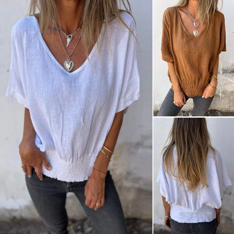 V-Neck Cotton-Linen Smocked Hem Tops - Presale