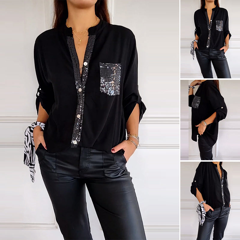 Paneled sequin button casual top