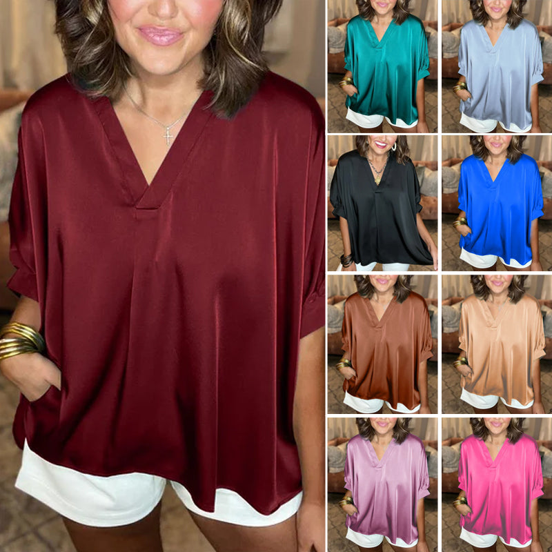 Silk V-Neck Short Sleeve Top